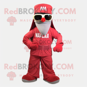 Red Marine Recon mascot costume character dressed with a Maxi Skirt and Sunglasses