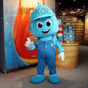 Turquoise Scented Candle mascot costume character dressed with a Overalls and Keychains