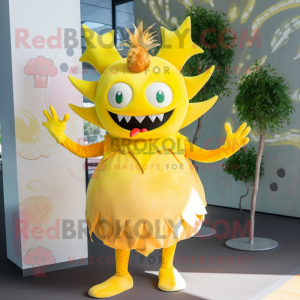 Lemon Yellow Devil mascot costume character dressed with a Blouse and Hairpins