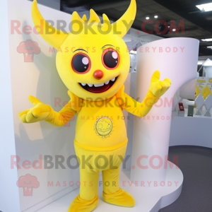 Lemon Yellow Devil mascot costume character dressed with a Blouse and Hairpins
