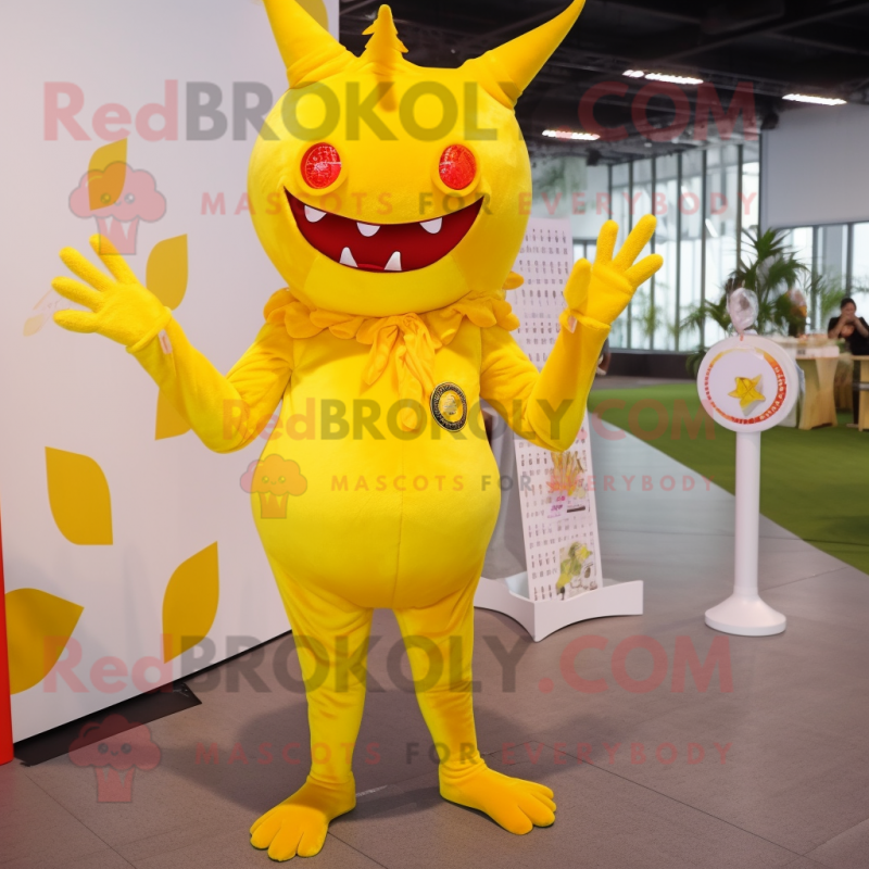 Lemon Yellow Devil mascot costume character dressed with a Blouse and Hairpins