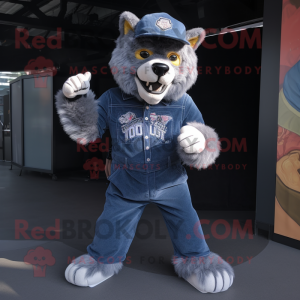Navy Werewolf mascot costume character dressed with a Denim Shirt and Caps