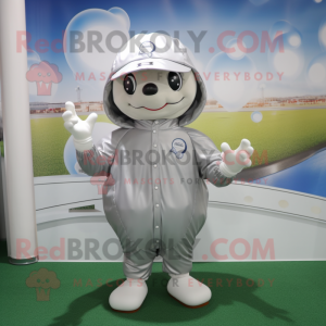 Silver Baseball Ball mascot costume character dressed with a Raincoat and Foot pads