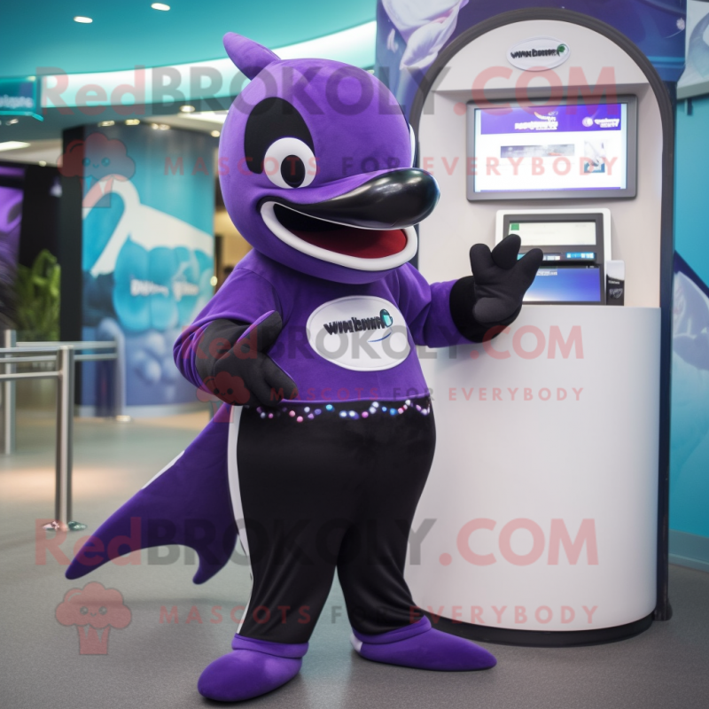 Purple Killer Whale mascot costume character dressed with a Playsuit and Wallets