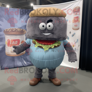 Gray Hamburger mascot costume character dressed with a Denim Shorts and Shawl pins