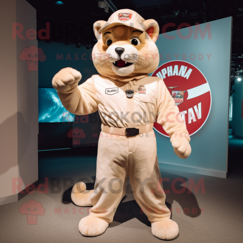 Cream Puma mascot costume character dressed with a Overalls and Belts