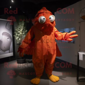 Rust Goldfish mascot costume character dressed with a Raincoat and Gloves