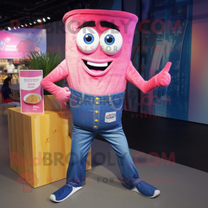 Pink Pad Thai mascot costume character dressed with a Denim Shirt and Tie pins