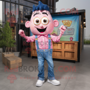 Pink Pad Thai mascot costume character dressed with a Denim Shirt and Tie pins