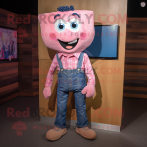 Pink Pad Thai mascot costume character dressed with a Denim Shirt and Tie pins