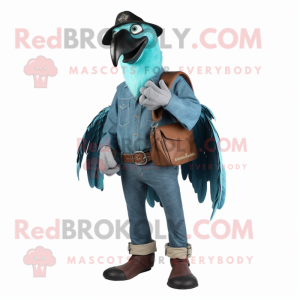 Turquoise Vulture mascot costume character dressed with a Jeans and Belts