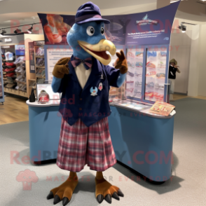 Navy Pterodactyl mascot costume character dressed with a Flannel Shirt and Coin purses