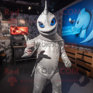 Silver Swordfish mascot costume character dressed with a V-Neck Tee and Gloves