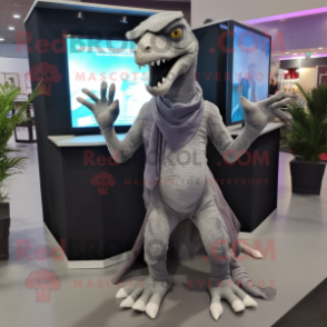 Gray Velociraptor mascot costume character dressed with a Wrap Dress and Gloves