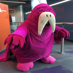 Magenta Walrus mascot costume character dressed with a Wrap Skirt and Scarf clips