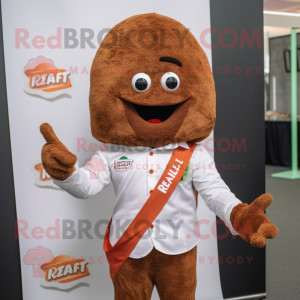 Rust Falafel mascot costume character dressed with a V-Neck Tee and Lapel pins