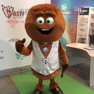 Rust Falafel mascot costume character dressed with a V-Neck Tee and Lapel pins