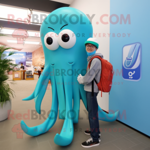 Cyan Squid maskot kostym...