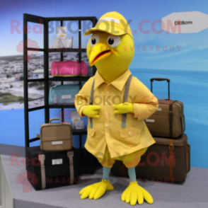 Yellow Pigeon mascot costume character dressed with a Bermuda Shorts and Briefcases