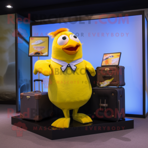 Yellow Pigeon mascot costume character dressed with a Bermuda Shorts and Briefcases
