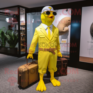 Yellow Pigeon mascot costume character dressed with a Bermuda Shorts and Briefcases