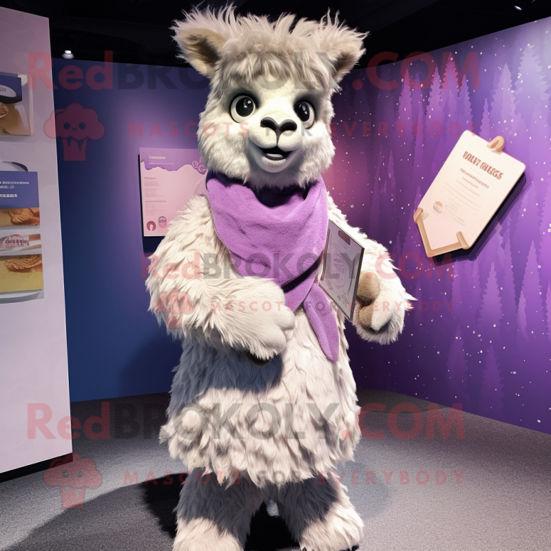 Lavender Llama mascot costume character dressed with a Jacket and Coin purses