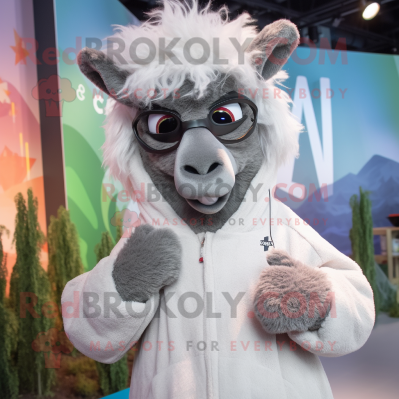 Gray Llama mascot costume character dressed with a Sweatshirt and Eyeglasses