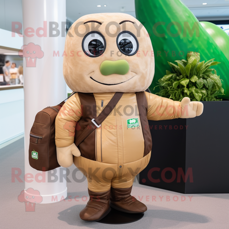 Beige Cucumber mascot costume character dressed with a Bomber Jacket and Wallets