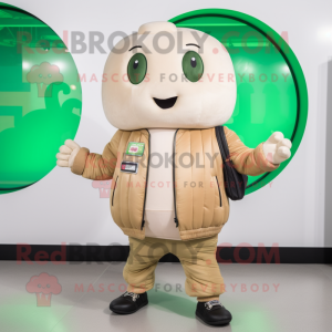 Beige Cucumber mascot costume character dressed with a Bomber Jacket and Wallets