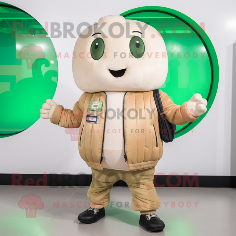 Beige Cucumber mascot costume character dressed with a Bomber Jacket and Wallets