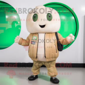 Beige Cucumber mascot costume character dressed with a Bomber Jacket and Wallets