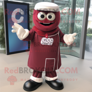 Maroon Gyro mascot costume character dressed with a Suit and Foot pads