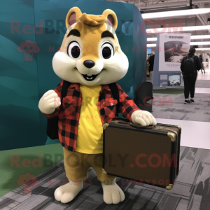 Yellow Chipmunk mascot costume character dressed with a Flannel Shirt and Briefcases