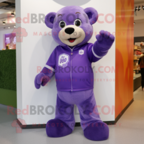 Purple Teddy Bear mascot costume character dressed with a Bootcut Jeans and Lapel pins