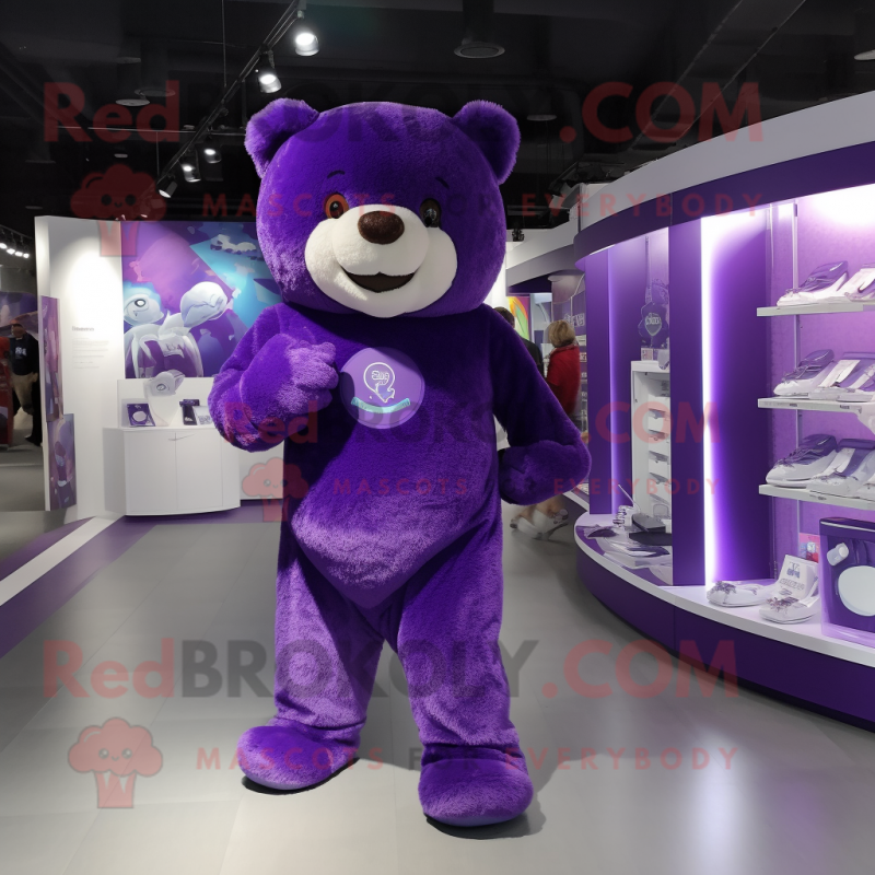 Purple Teddy Bear mascot costume character dressed with a Bootcut Jeans and Lapel pins
