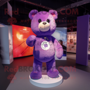 Purple Teddy Bear mascot costume character dressed with a Bootcut Jeans and Lapel pins