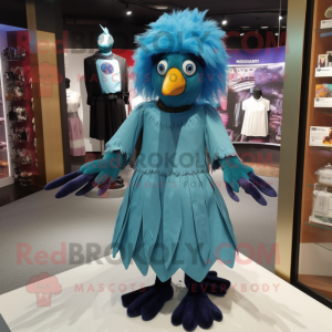 Cyan Crow mascot costume character dressed with a Mini Dress and Hair clips