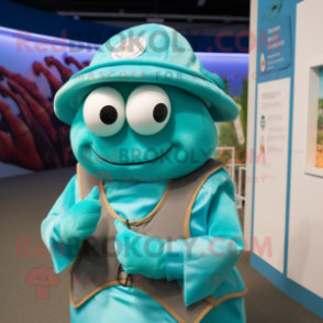 Cyan Hermit Crab mascot costume character dressed with a Vest and Hats
