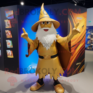 Gold Wizard mascot costume character dressed with a Board Shorts and Wraps