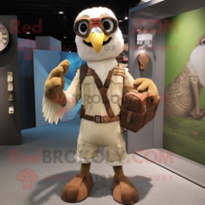Cream Hawk mascot costume character dressed with a Cargo Shorts and Briefcases