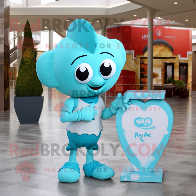 Turquoise Love Letter mascot costume character dressed with a Joggers and Coin purses