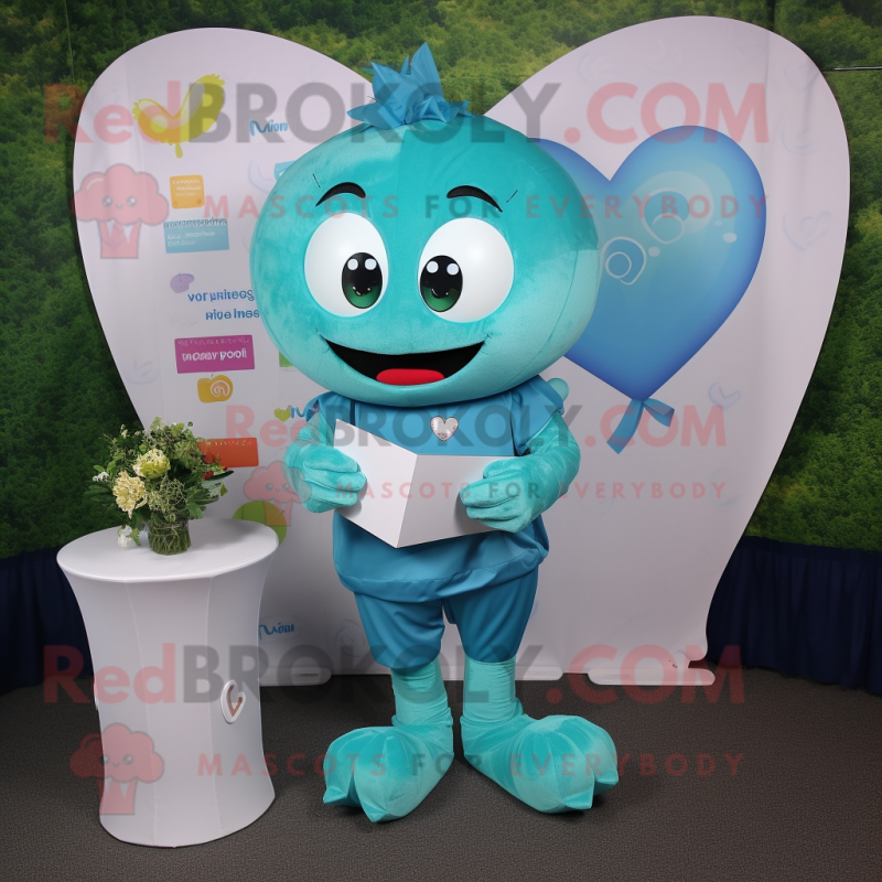 Turquoise Love Letter mascot costume character dressed with a Joggers and Coin purses