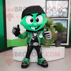 Green Engagement Ring mascot costume character dressed with a Biker Jacket and Bow ties