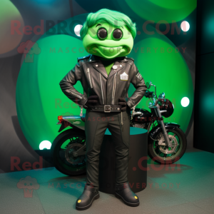 Green Engagement Ring mascot costume character dressed with a Biker Jacket and Bow ties