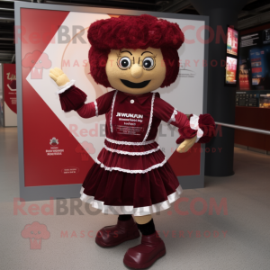 Maroon Irish Dancer mascot costume character dressed with a Playsuit and Clutch bags