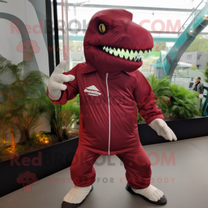 Maroon T Rex mascot costume character dressed with a Windbreaker and Foot pads