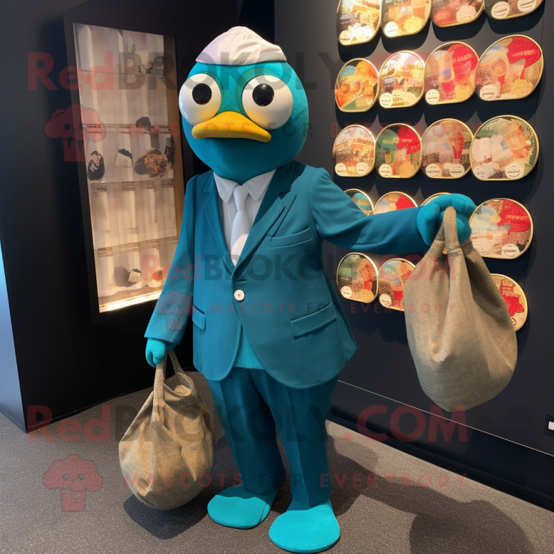 Teal Ramen mascot costume character dressed with a Suit and Coin purses