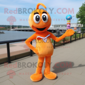 Orange Shrimp Scampi mascot costume character dressed with a Playsuit and Shoe laces