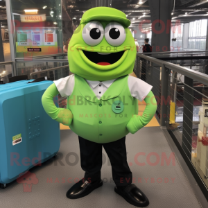 Lime Green Bagels mascot costume character dressed with a Button-Up Shirt and Briefcases