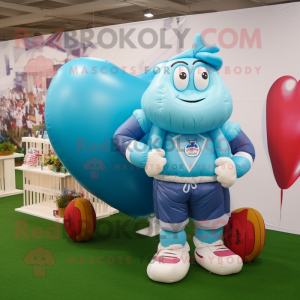 Sky Blue Heart Shaped Balloons mascot costume character dressed with a Rugby Shirt and Messenger bags